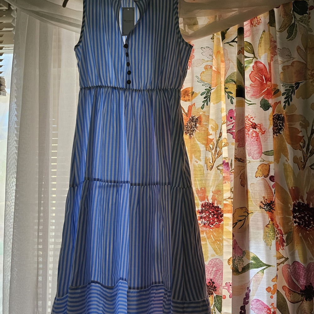 Blue and White Ruffled Tiered Maxi Sundress